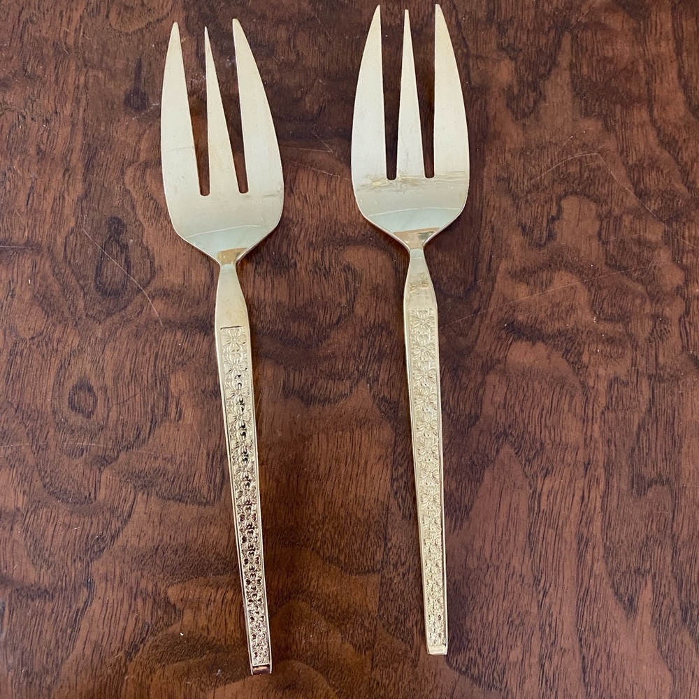 Golden Trocadero serving forks pair of vintage gold-tone stainless meat forks